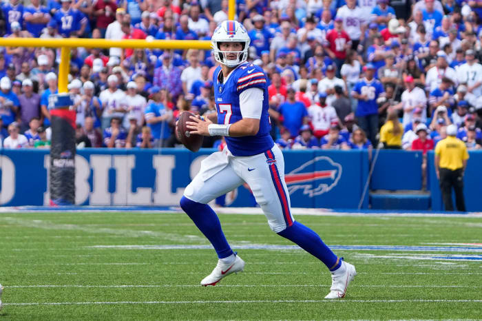 Buffalo Bills quarterback Josh Allen (17) looks to throw the ball against the Las Vegas Raiders during the second half at Highmark Stadium.
